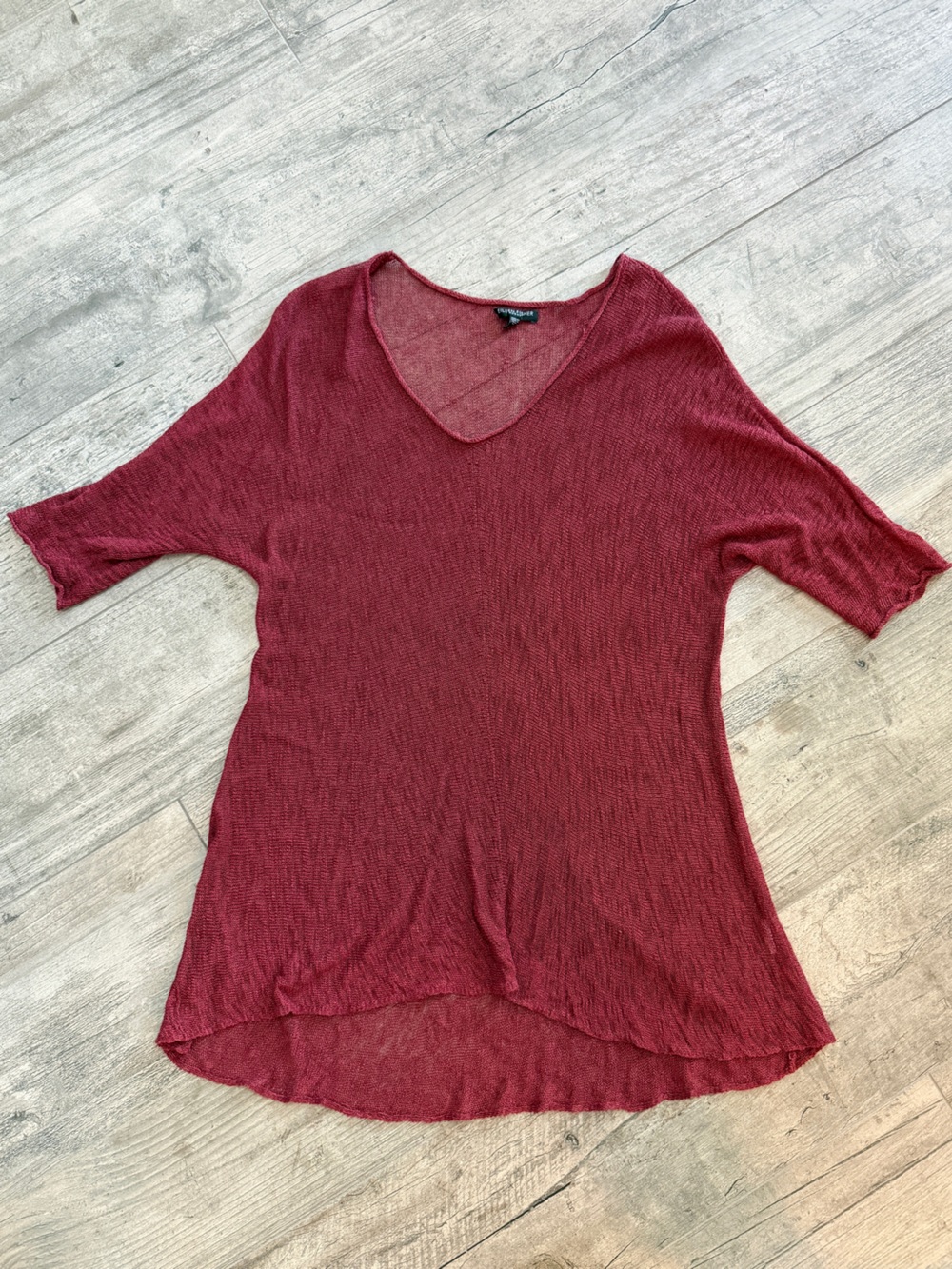 Eileen Fisher Colorful Linen 3/4 sleeve V Neck High Low Sheer Tunic Top